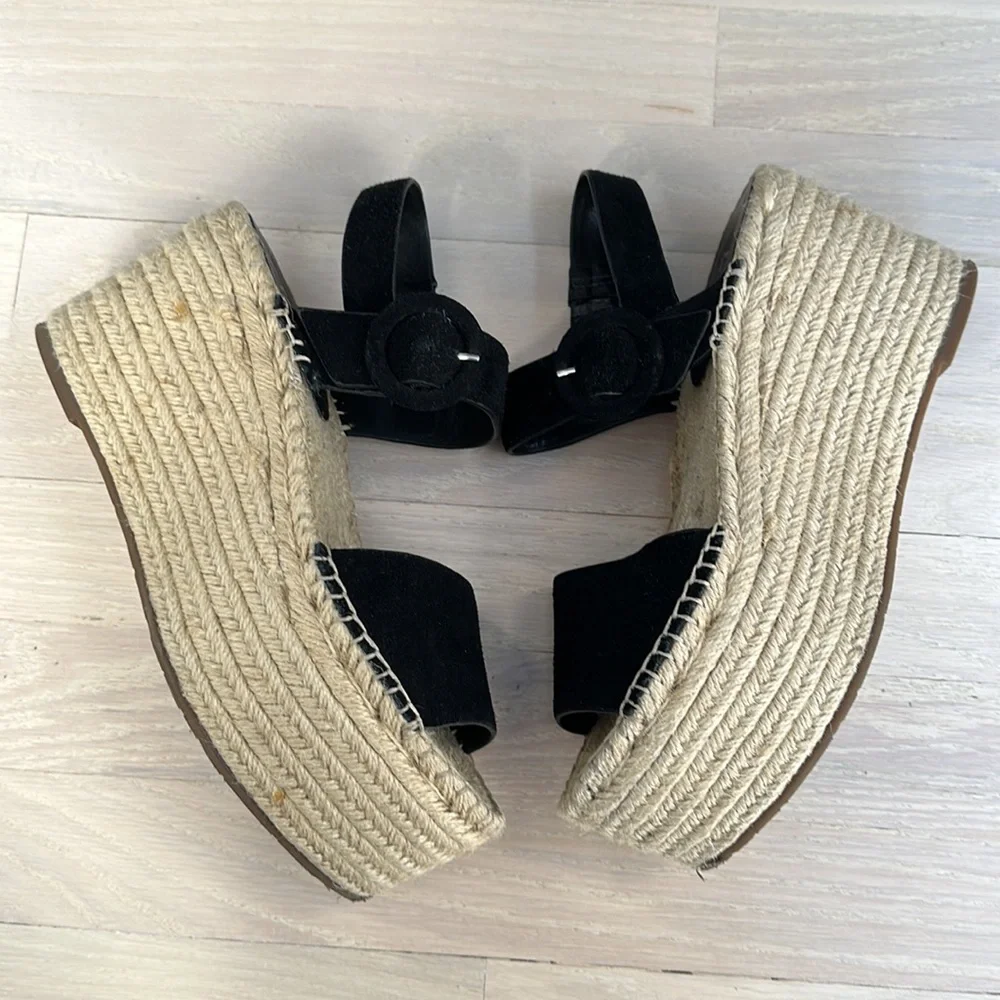 Marc Fisher Black Suede Espadrille Platform Sandal Wedges - Picture 6 of 7